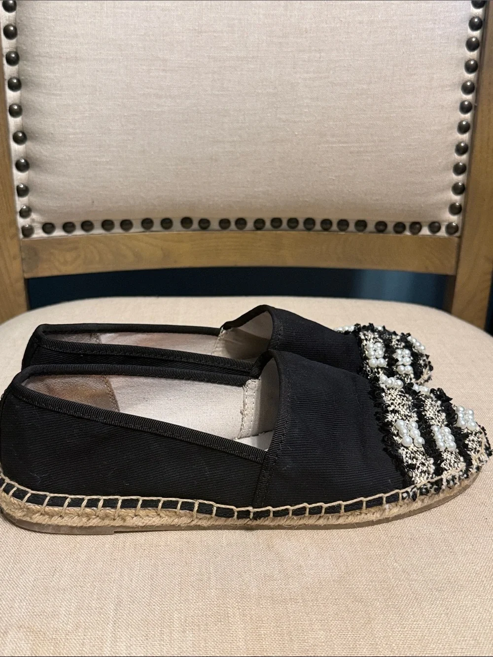 Circus by Sam Edelman Black and Cream Tweed Embellished Espadrille Flats Size 9